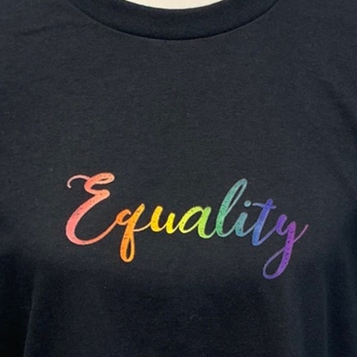 Hand Printed Unisex Large Equality Rainbow Pride Cotton Crew Short Sleeve Tee