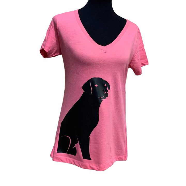 New Womens Large Hand Printed Black Lab Puppy Dog V-Neck Cotton Blend Tee Shirt