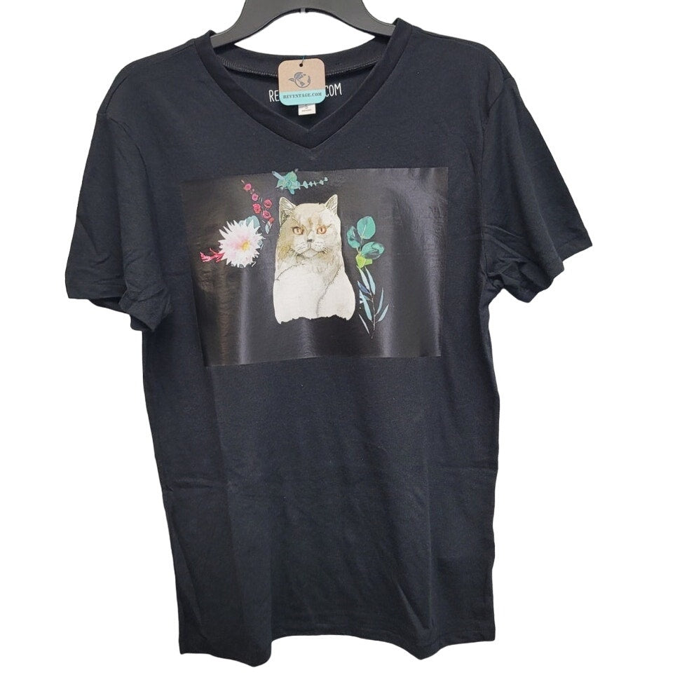 New Hand Printed Upcycled Child Small Cat Kitten Floral Short Sleeve Tee