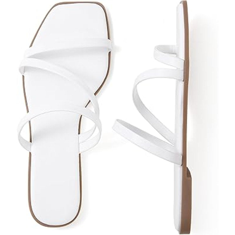 Lacuone Womens 10.5 White Faux Leather Open Toe Strappy Slide On Flat Sandals