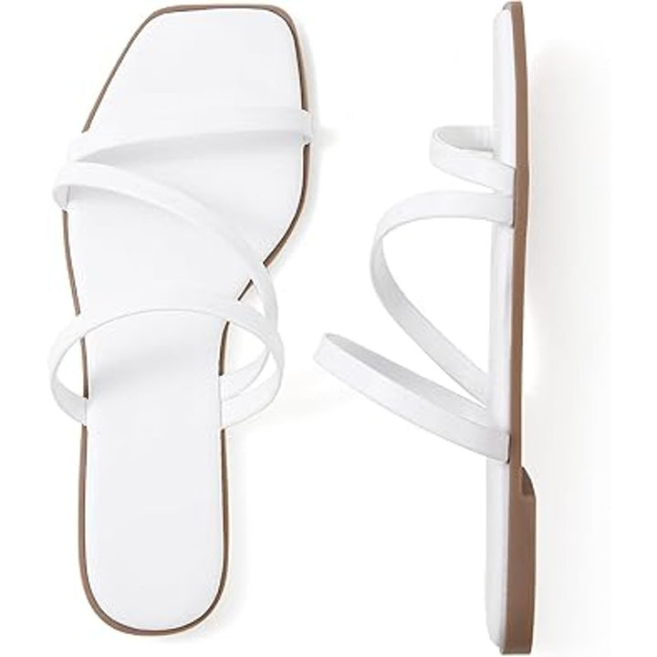 Lacuone Womens 10.5 White Faux Leather Open Toe Strappy Slide On Flat Sandals