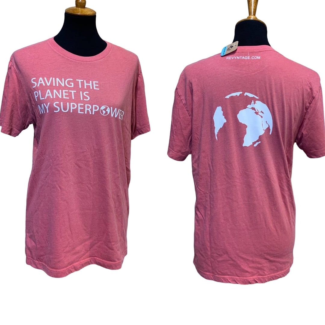 Hand Printed Upcycled Medium Saving the Planet is My Superpower Short Sleeve Tee