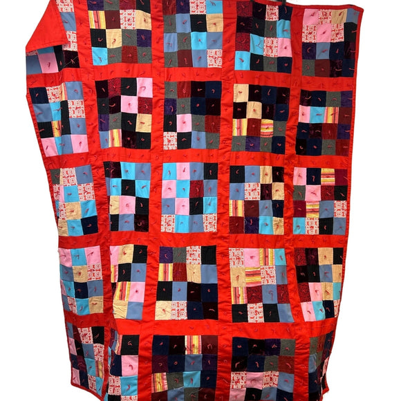 Vintage 1970s Handmade Multi Color Polyester Velvet Squares Blanket Afghan Quilt