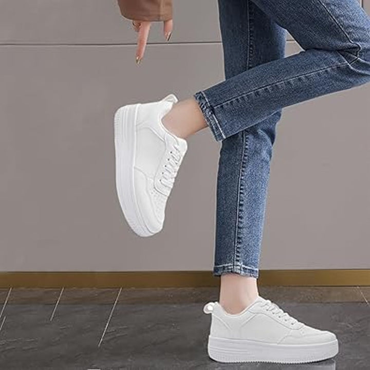 Memon Womens Size 11 White Faux Leather Basic Lace Up Platform Sneaker Shoes
