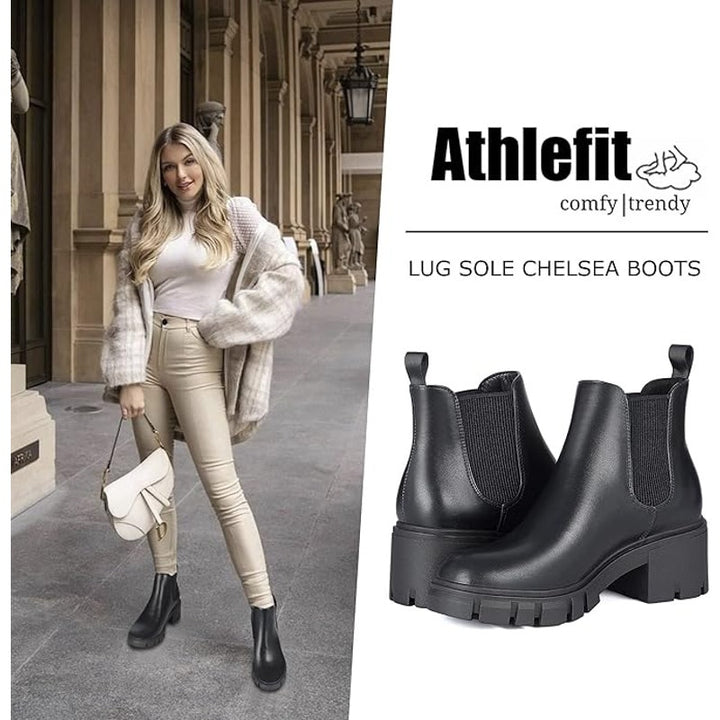Athlefit Womens Size 9.5 Black 2" Chunky Heel Ankle Boots Slip On Shoes