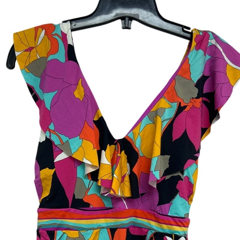 New Trina Turk Womens XS Tropical Floral V Neck Back Tie One Piece Swimsuit