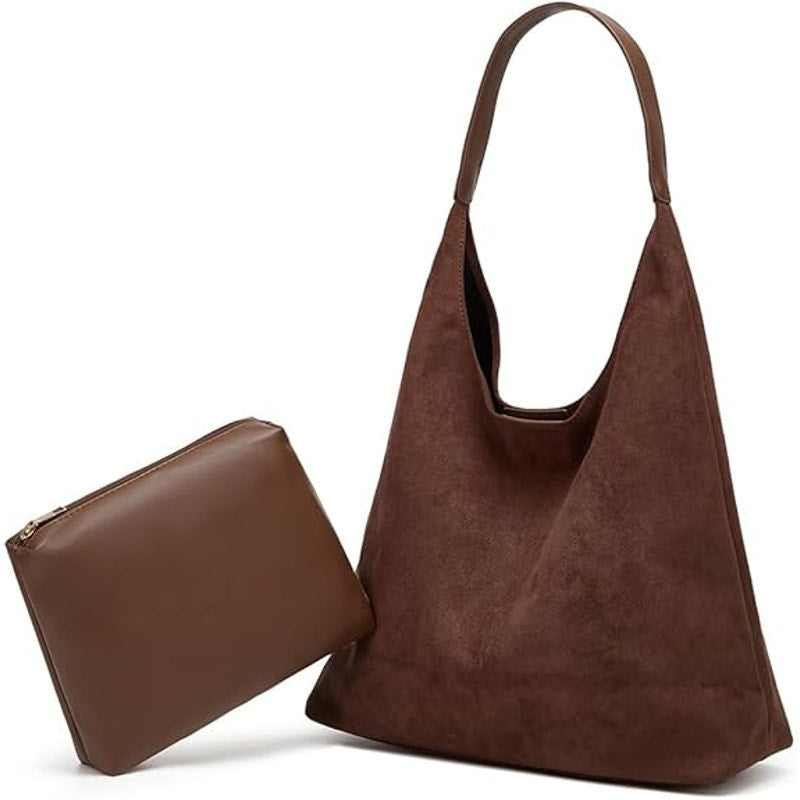 New Brown Faux Suede Slouchy Shoulder Bag Large Tote Purse Retro Soft Handbag