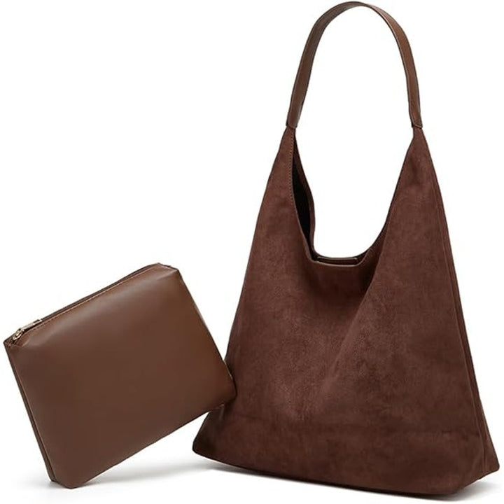 New Brown Faux Suede Slouchy Shoulder Bag Large Tote Purse Retro Soft Handbag