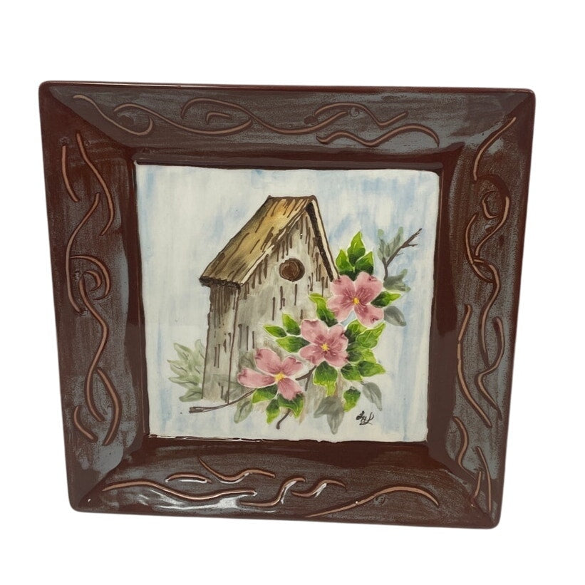 Vintage Painted Bird House Floral 10" Square Ceramic Serving Dish Plate Platter