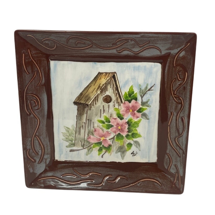 Vintage Painted Bird House Floral 10" Square Ceramic Serving Dish Plate Platter