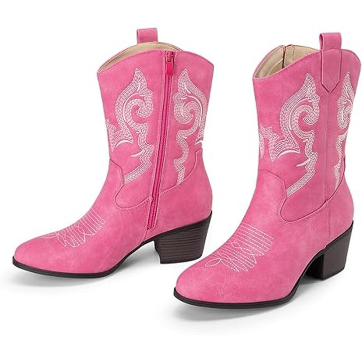 Dream Pairs Womens 8.5 Faux Pink Leather 2.25" Block Heel Mid Calf Cowboy Boots