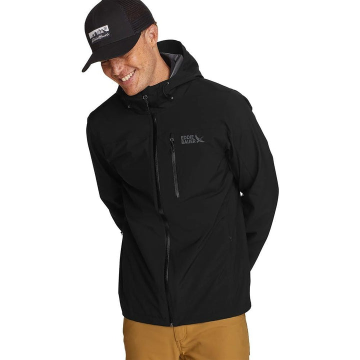 New Eddie Bauer Mens Small Black Packable Cloud Cap Stretch Hooded Rain Jacket