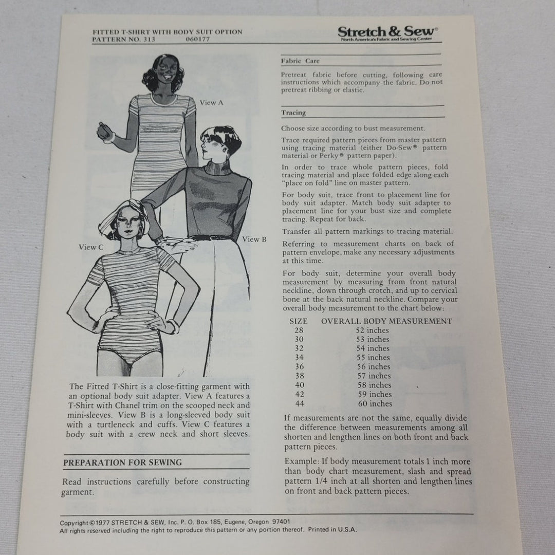 Vintage 1979 Stretch &amp; Sew 313 Fitted T-Shirt Bodysuit Knit Fabric Uncut Pattern