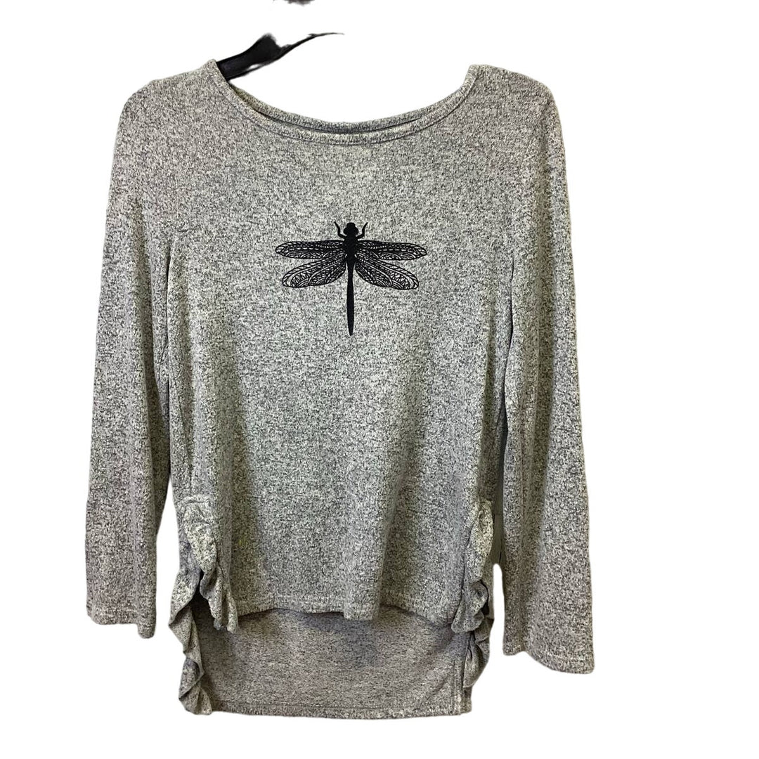 Hand Printed Upcycled Girls Medium Dragonfly Ruffled Long Sleeve Hi Low Sweater