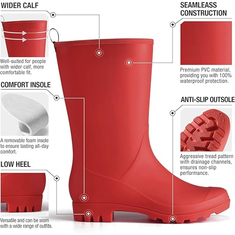 Hisea Womens Size 9 Red Mid-Calf Pull On Rubber Waterproof Wide Calf Rain Boots