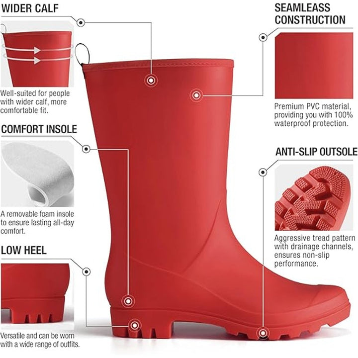 Hisea Womens Size 9 Red Mid-Calf Pull On Rubber Waterproof Wide Calf Rain Boots