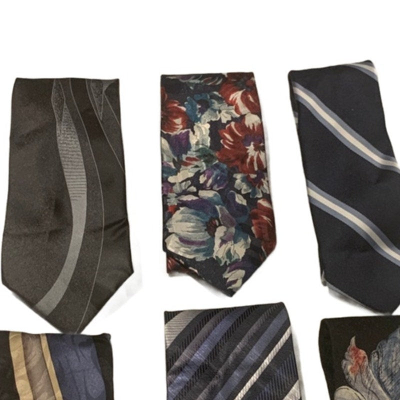 Lot of 6 Black Blue Silver Striped Floral Vintage and Modern Mens Neck Ties