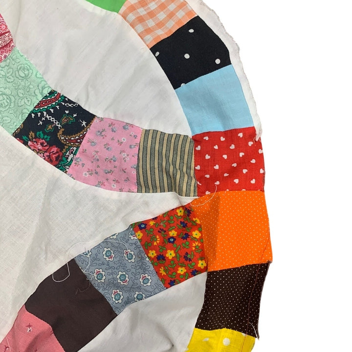 Vintage Hand Pieced Round Cotton Fabric Quilt Topper Hand Sewn Craft Project