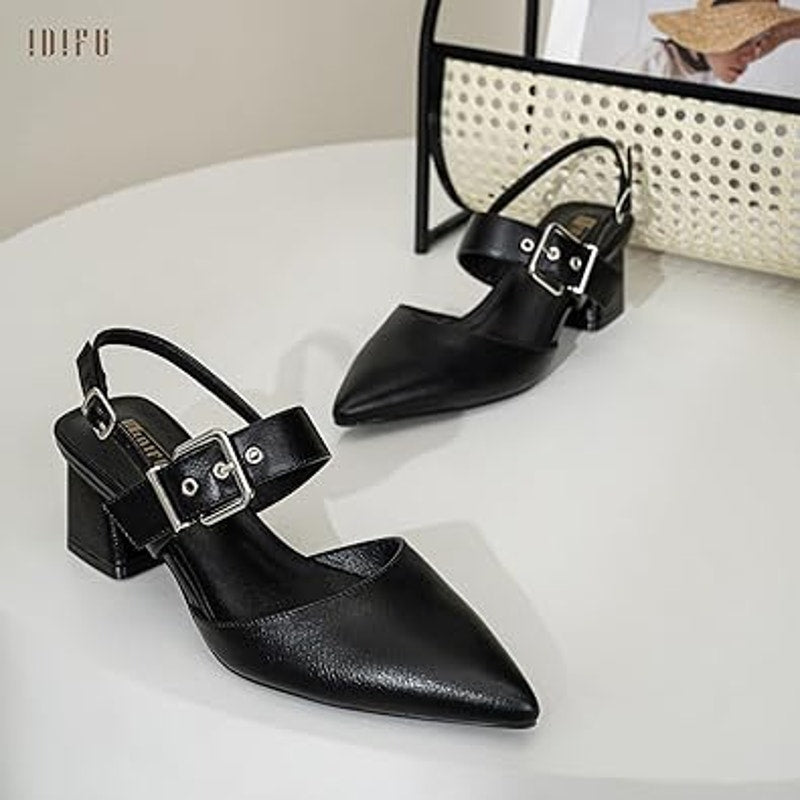 New Idifu Women 9 Black Faux Leather 2.75" Block Heel Pointy Toe Buckle Shoes