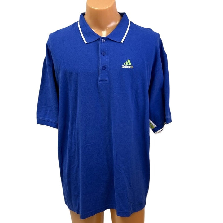 Adidas Mens 2XL Blue Side Striped 100% Cotton Short Sleeve Collared Polo Shirt