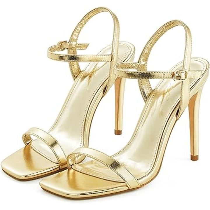 Genshuo Womens Size 6 Shiny Gold Open Toe 4" Heel Buckle Strap Sandal Shoes