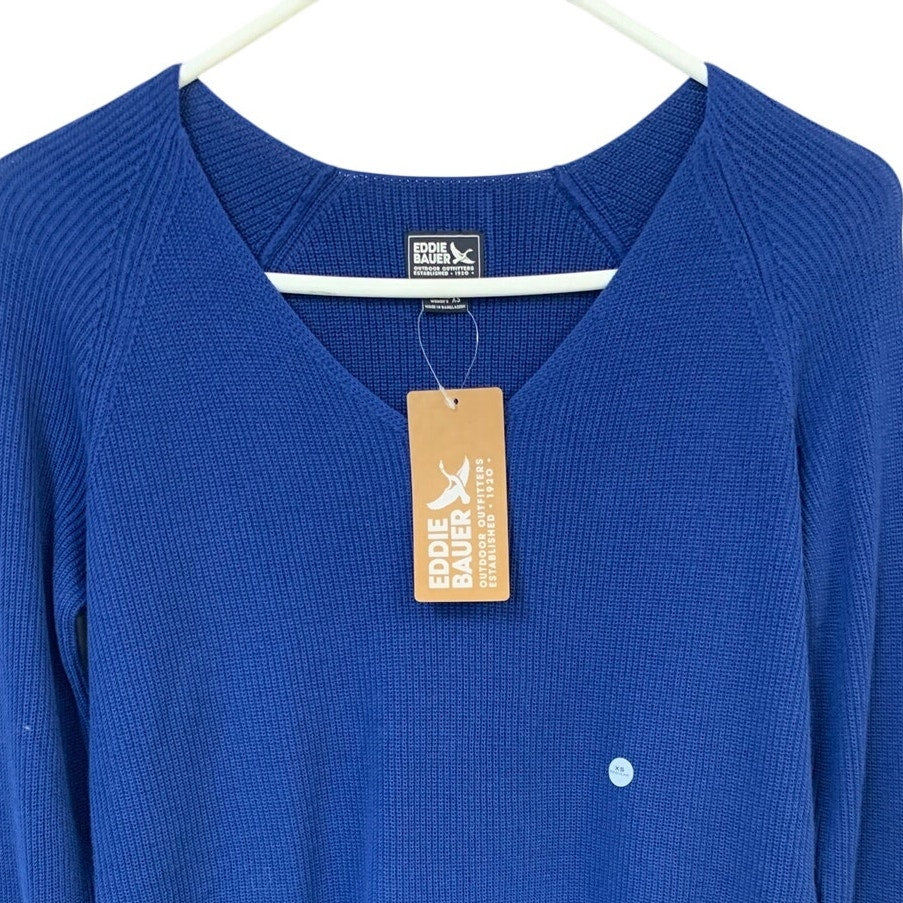 New Eddie Bauer Womens XS 100% Cotton Royal Blue LS Cascadia V Neck Sweater