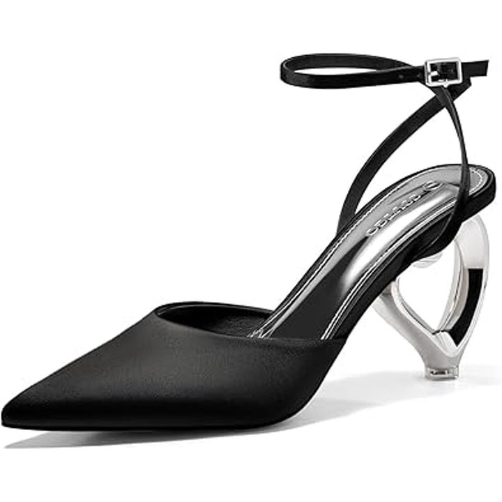 Coutgo Womens Size 8.5 Black Satin Silver Heart 3" Heel Ankle Strap Shoes