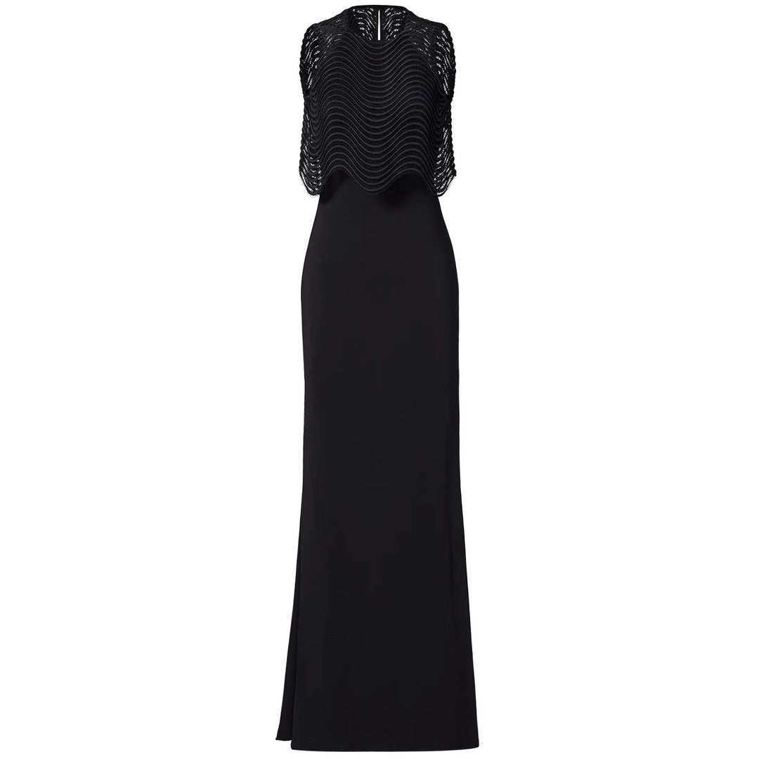 Badgley Mischka Size 12 Black Lace Jennifer Wave Popover Maxi Length Dress Gown
