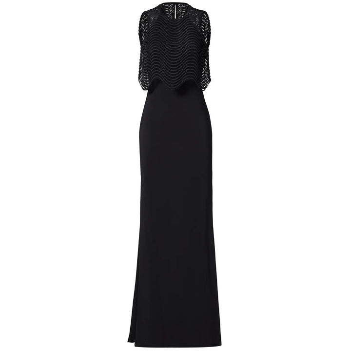 Badgley Mischka Size 12 Black Lace Jennifer Wave Popover Maxi Length Dress Gown