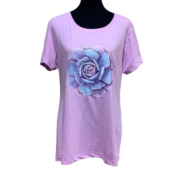 New Hand Printed Large Purple Succulent Rose Cactus PolyCotton Short Sleeve Tee