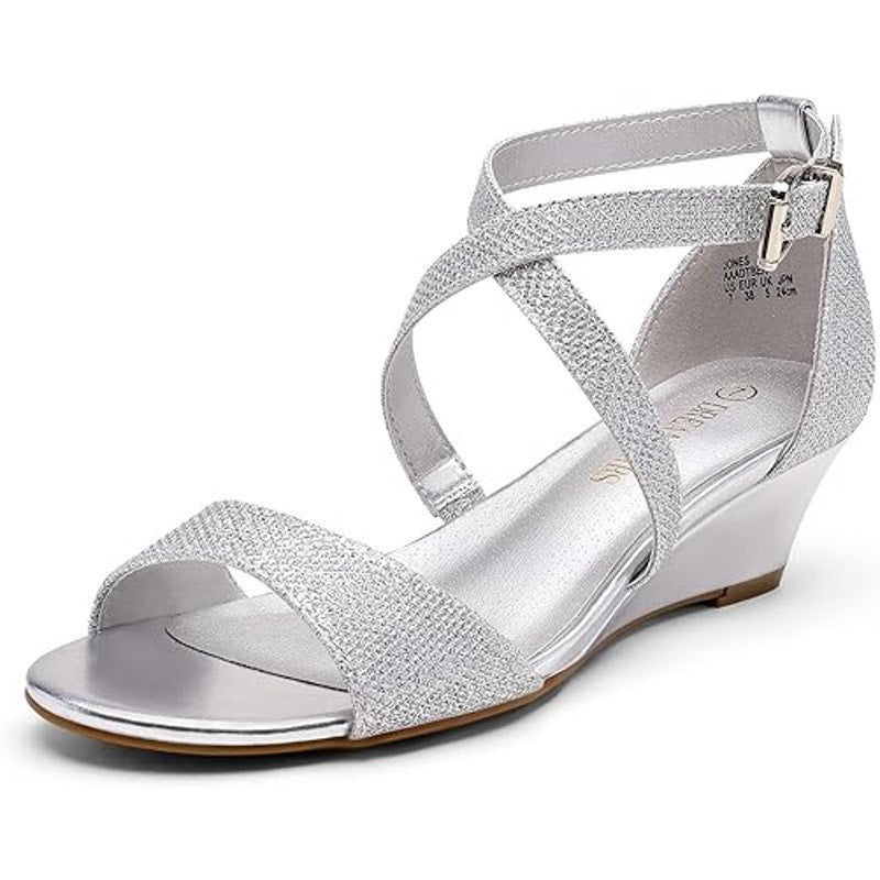 Dream Pairs Womens 8W Wide Silver Glitter Ankle Strap Open Toe 2" Wedge Heels