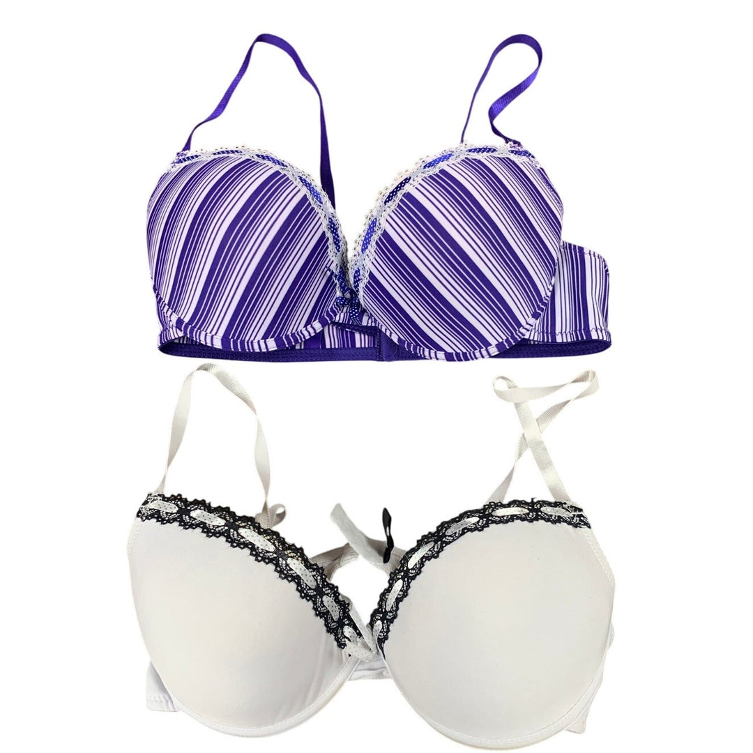 2 Womens Size 36D Padded Striped Lace Trim Adjustable Straps Push Up Bra