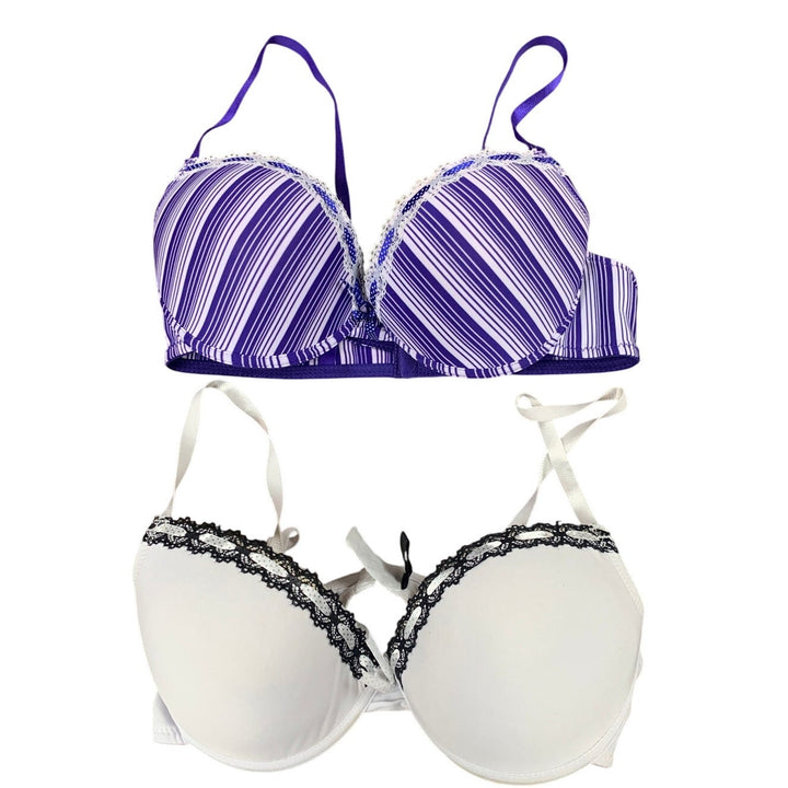 2 Womens Size 36D Padded Striped Lace Trim Adjustable Straps Push Up Bra
