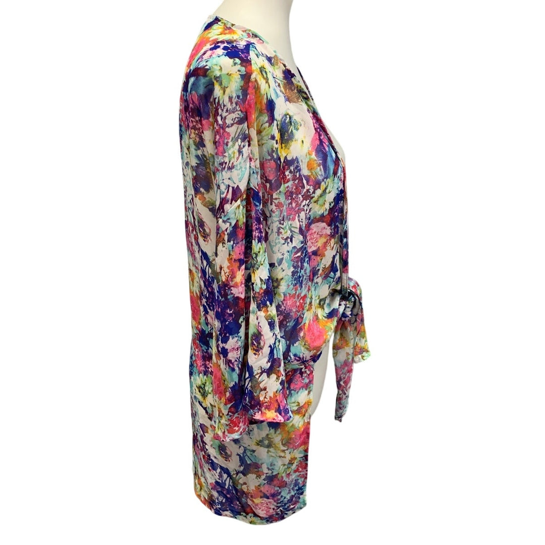 MOD Womens Medium Bright Floral Lightweight Flowy Front Tie Long Sleeve Coverup