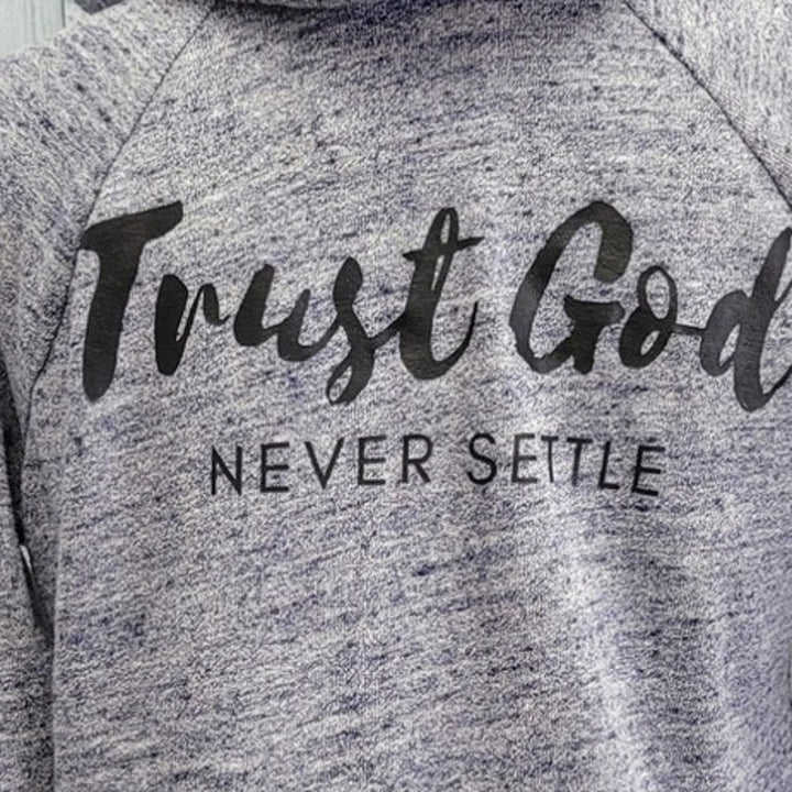 Hand Printed Upcycled Womens Small Trust God Never Settle Full Zip Hoodie Jacket