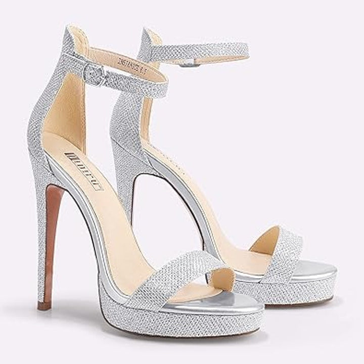 Idifu Womens Size 9 Silver Glitter 5" Platform Heel Open Toe Ankle Strap Shoes