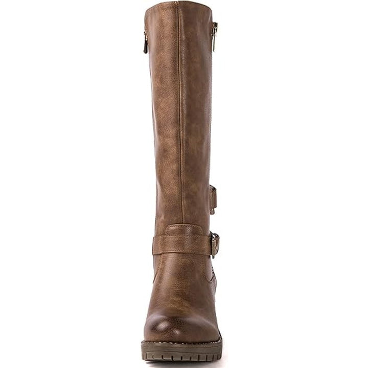 New Global Win Women Size 6.5 Brown Faux Leather Knee High Chunky Low Heel Boots