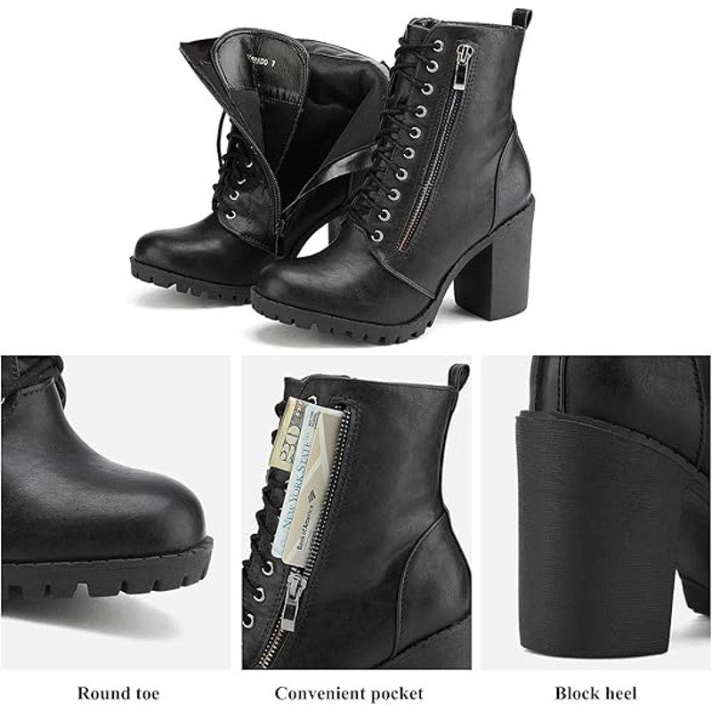 Dream Pairs Womens 7 Black Faux Leather Combat Chunky Heel Lace Up Ankle Boots