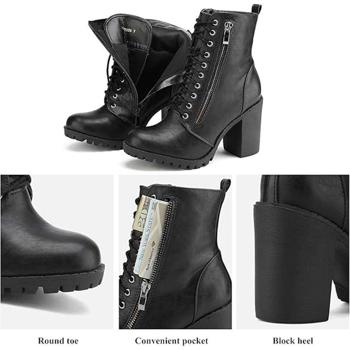 Dream Pairs Womens 7 Black Faux Leather Combat Chunky Heel Lace Up Ankle Boots