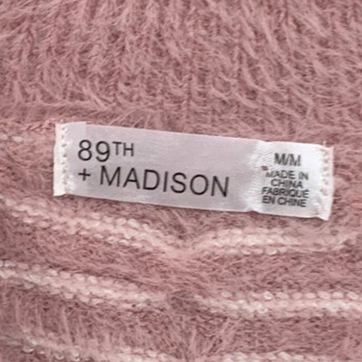 89th + Madison Womens Medium Long Sleeve Fuzzy Striped Square Knit Sweater