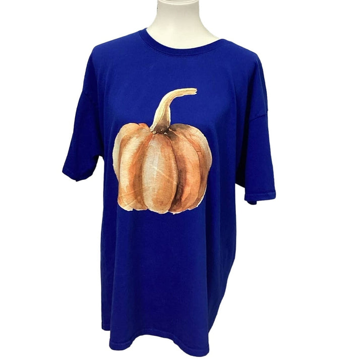 Hand Printed XL Upcycled Short Sleeve Fall Halloween Pumpkin 100% Cotton Shirt