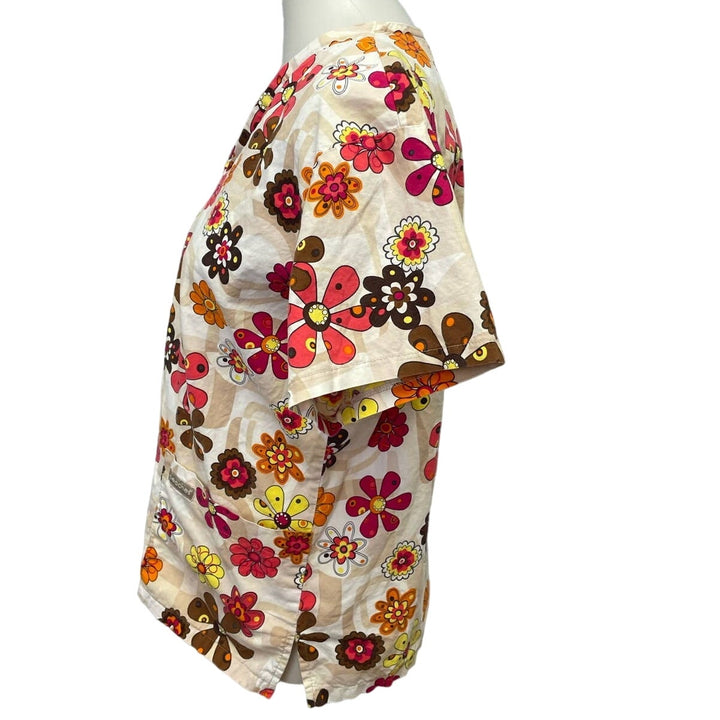 Peaches Medium Cotton Blend V-Neck Fall Orange Floral Short Sleeve Scrub Top