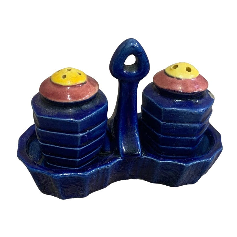 Vintage Japan Ceramic Geometric Stacked Tower w Tray Salt Pepper Shaker Set