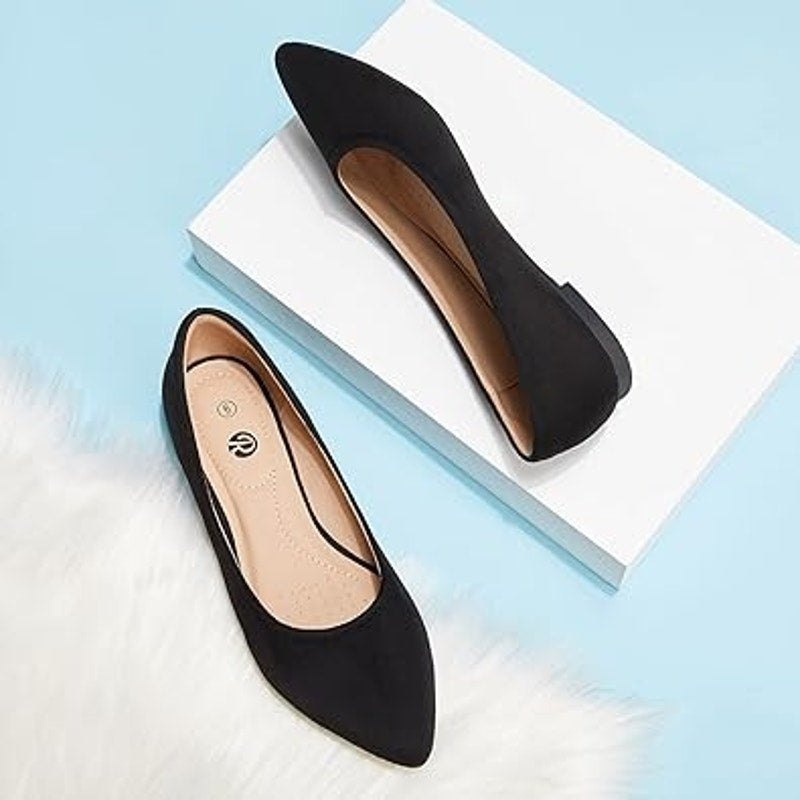 Rekayla Womens Size 5 Black Faux Suede Slide On Pointy Toe Ballet Flats Shoes