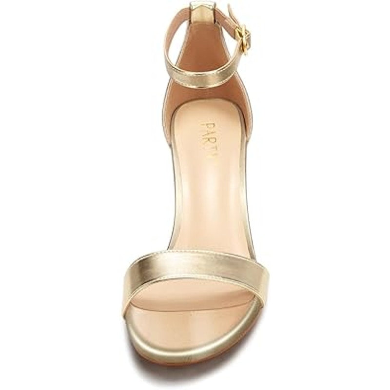 Party Womens Size 7 Shiny Gold Open Toe Ankle Strap 2.5" Block Heel Sandal Shoes