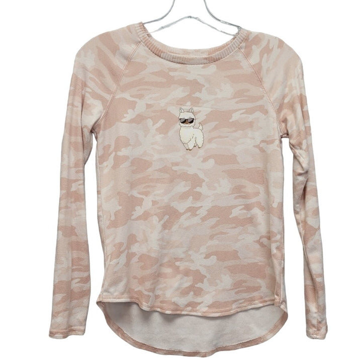 Hand Printed Upcycled Girls 10/12 Long Sleeve Cool Llama Pink Camo Sweatshirt