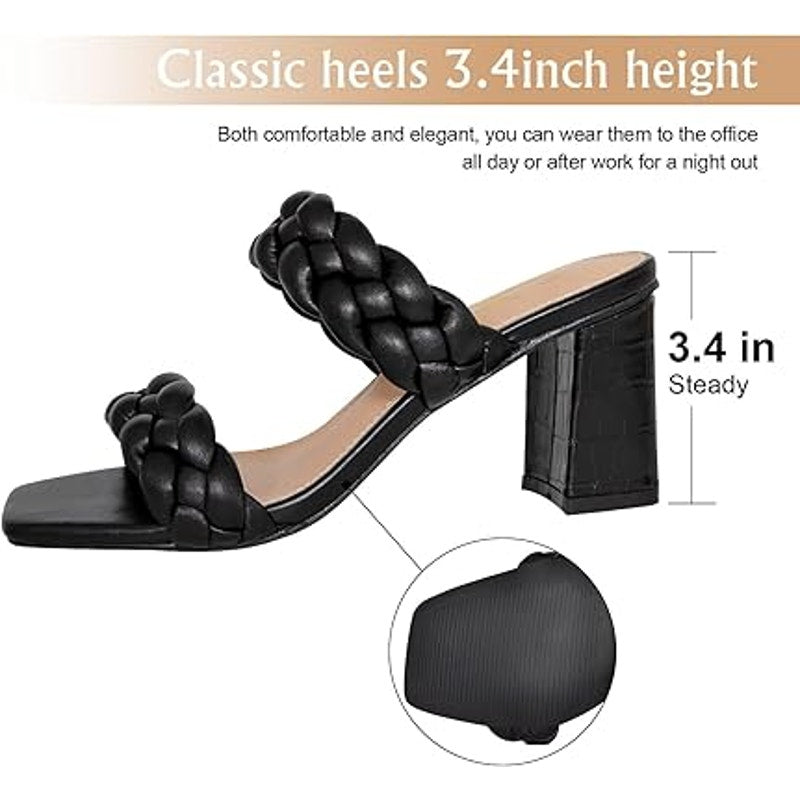Athlefit Womens Size 8 Black Braided Open Toe Chunky 3" Heel Slip On Sandals