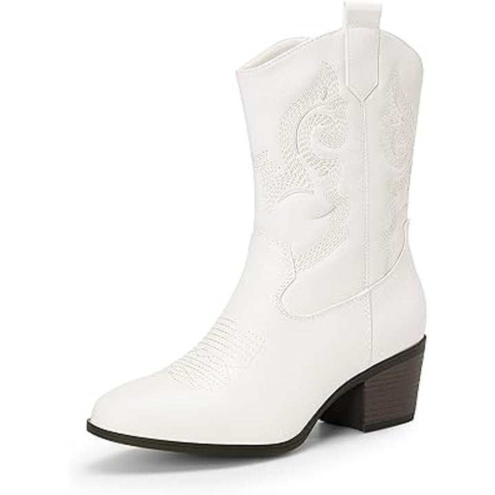 Dream Pairs Womens 8 White Faux Leather Mid Calf Cowgirl 2.5" Heel Boot Shoes