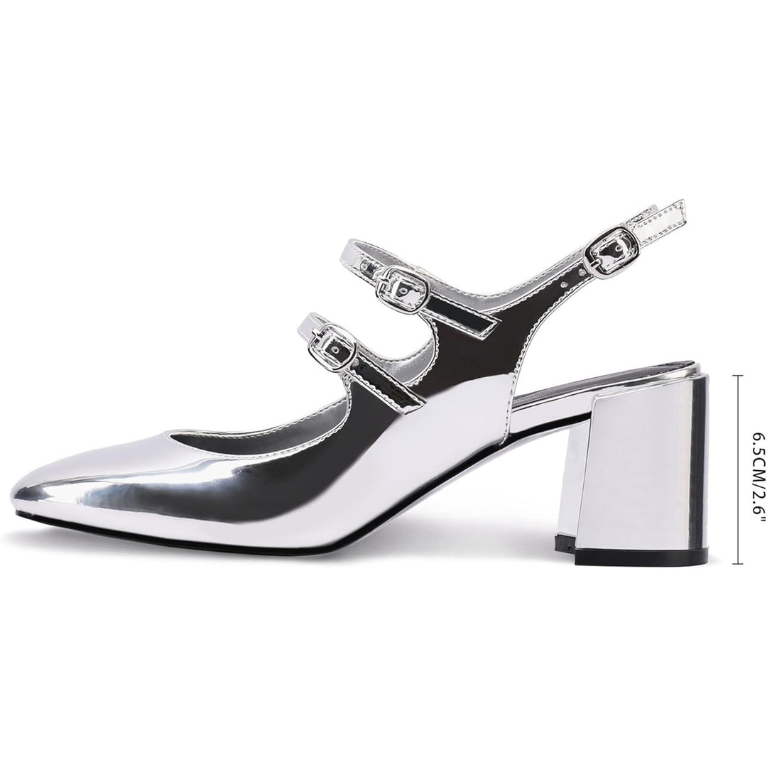 New Adrizzlein Womens Size 7.5 Silver Mary Jane Buckle 2.75" Block Heel Shoes