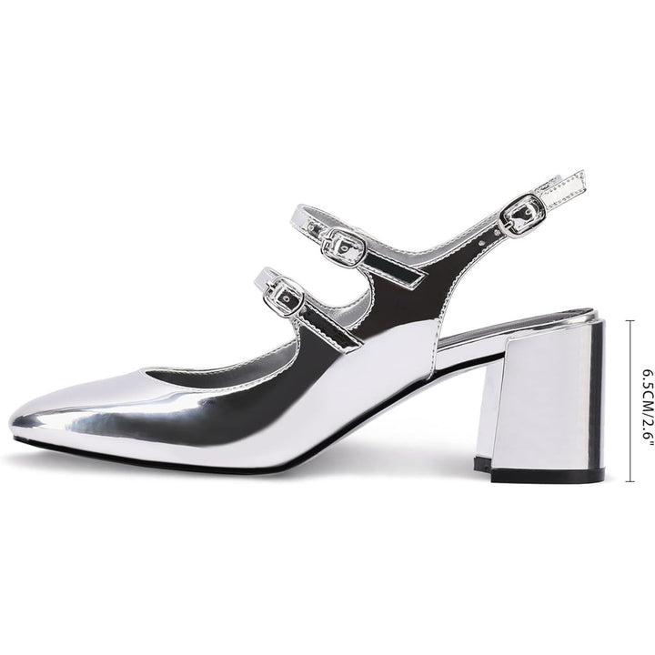 New Adrizzlein Womens Size 7.5 Silver Mary Jane Buckle 2.75" Block Heel Shoes